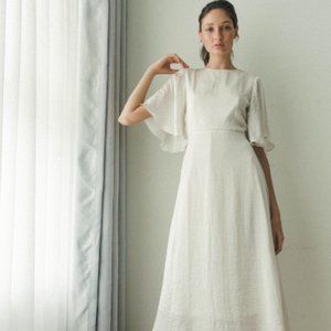 COPY - Noire Ivory Satin Tea Length Simple Flutter Sleeve Classic Wedding Dress